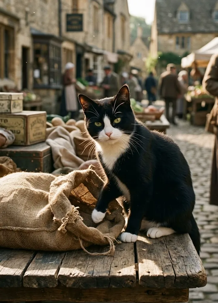 The ProverbsMania tuxedo cat sitting on a sack at an old market
